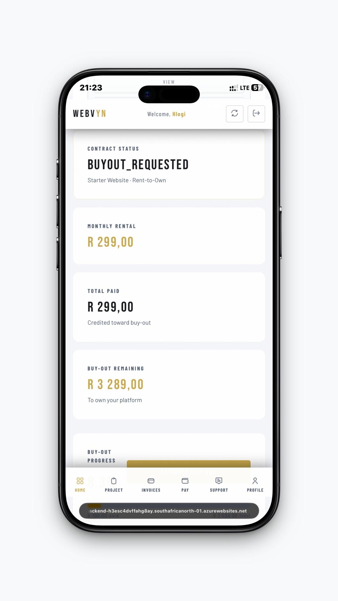 Portal overview showing contract status, monthly rental, total paid, and buy-out remaining cards on mobile.