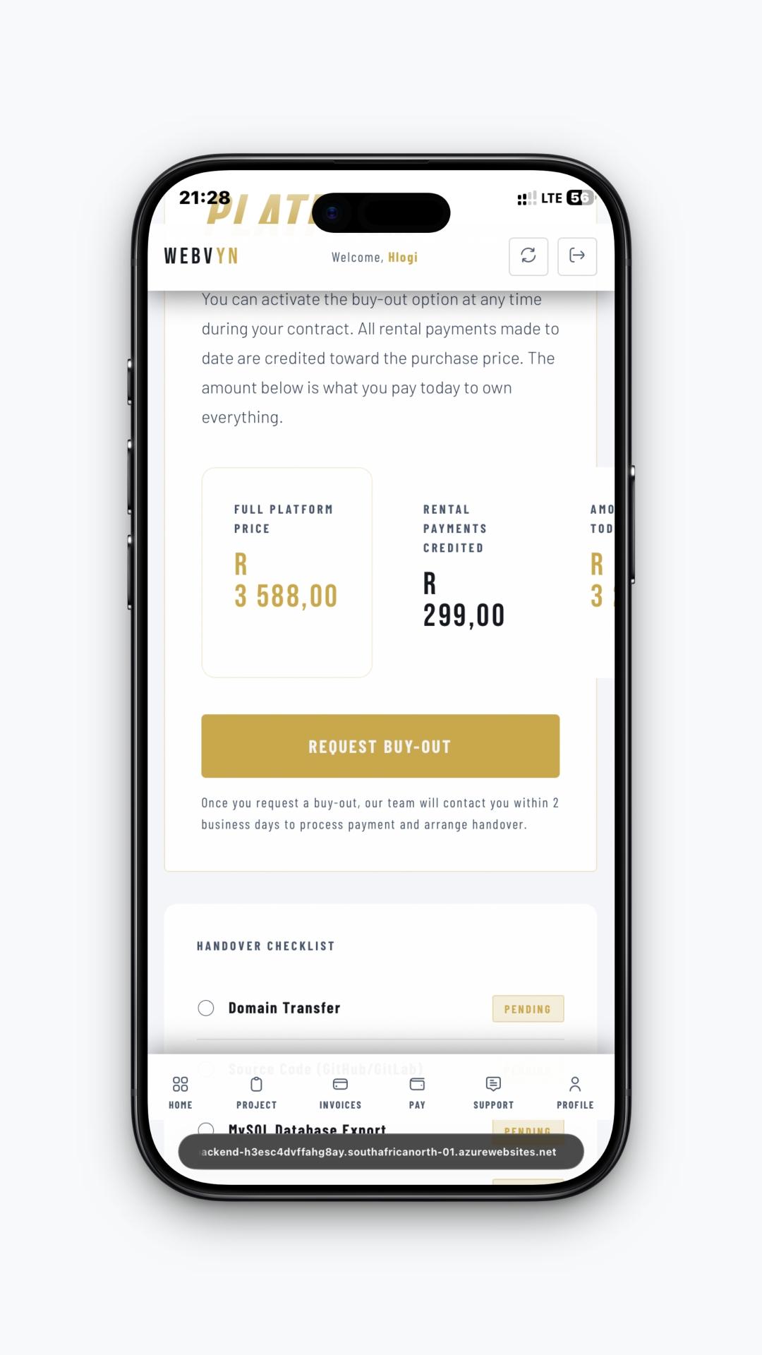 Buy-out section on mobile showing full platform price, credited payments, and request buy-out action.