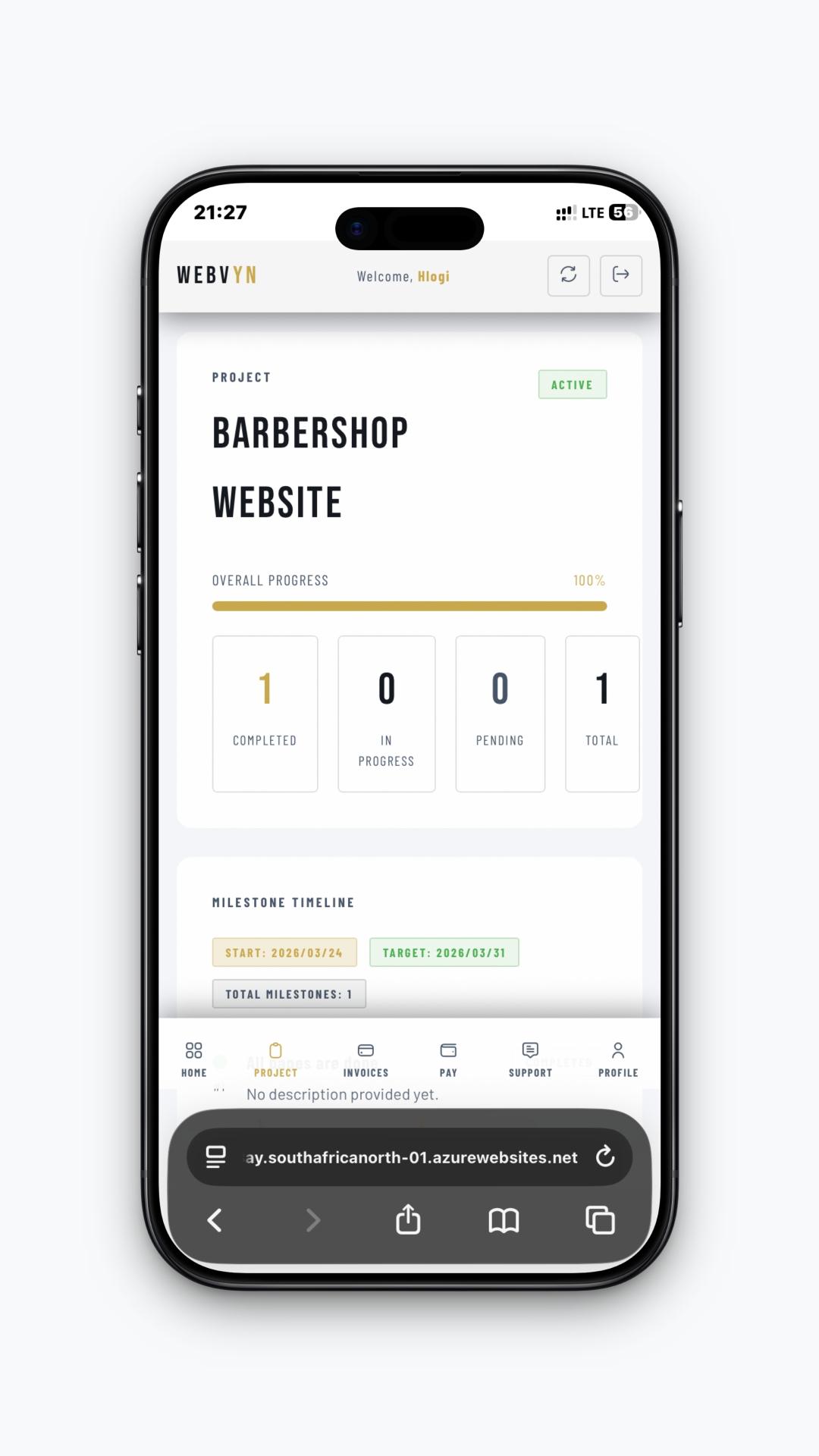 Project page on mobile showing overall progress bar, milestone counters, and timeline targets.