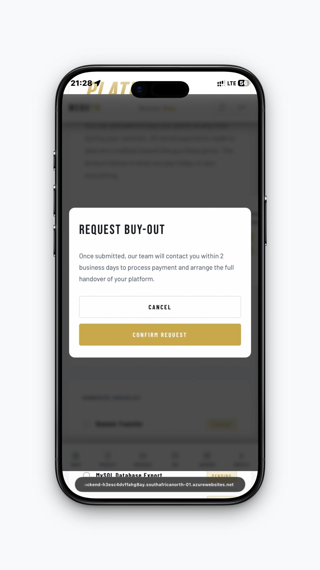 Buy-out request confirmation modal with cancel and confirm actions.